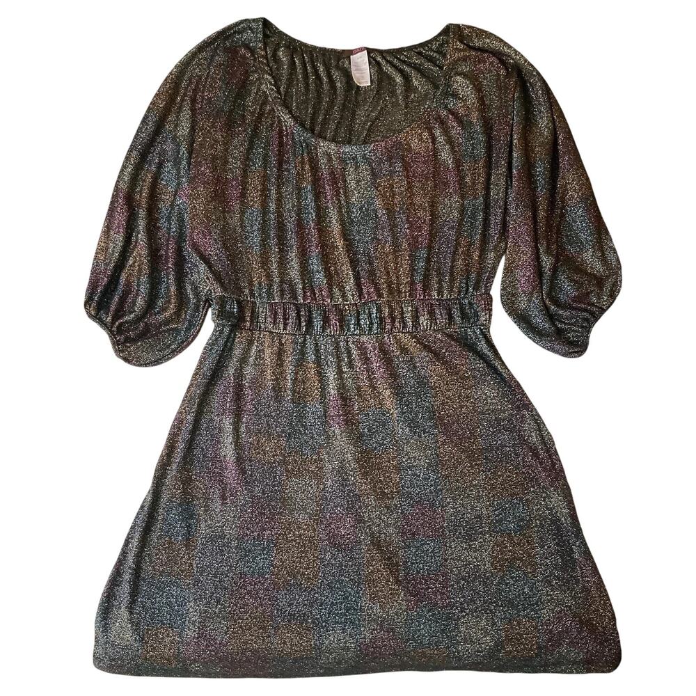 Mark. Women Dress M Black Geometric A-Line Metallic 3/4 Sleeve Knee Length